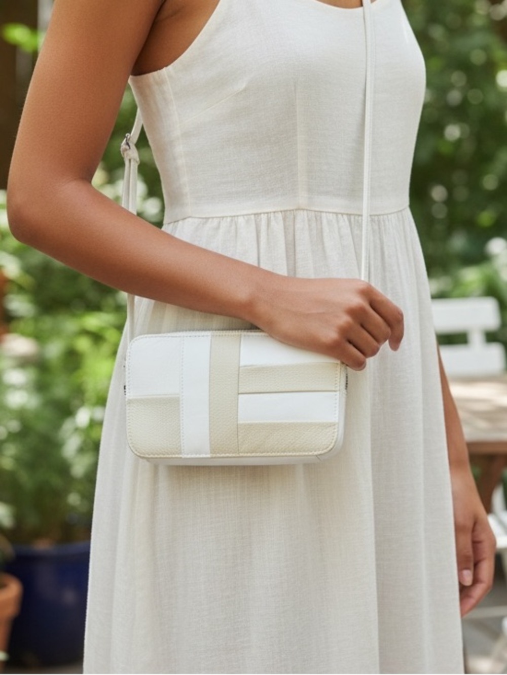 Leather Patchwork Crossbody Bag — Minimalist White & Cream Shoulder Bag
